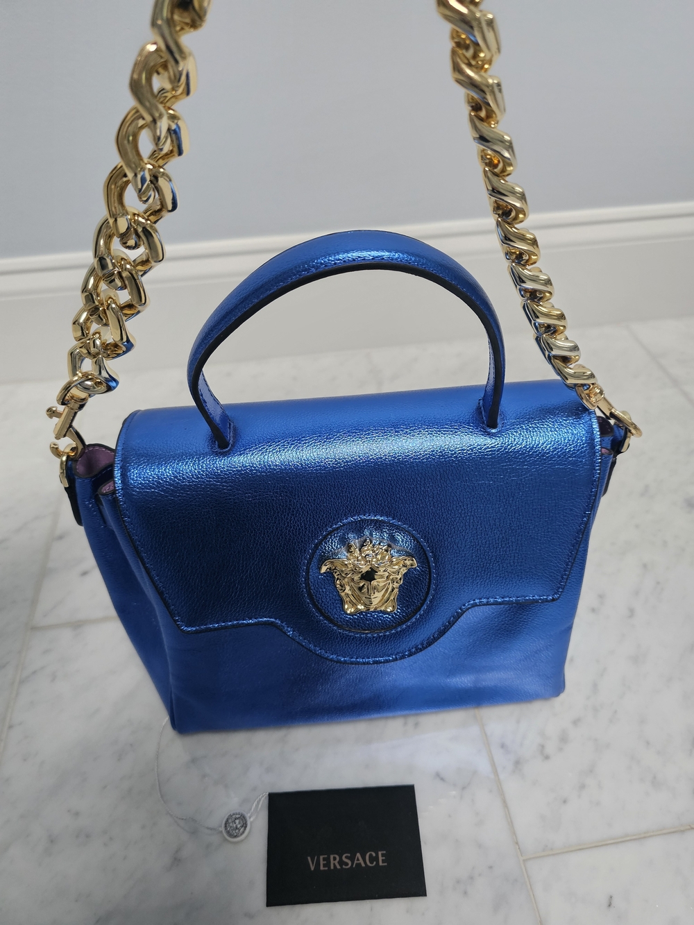 Metallic Blue Top-Handle Satchel with Gold Chain Accent - Picture 13 of 13